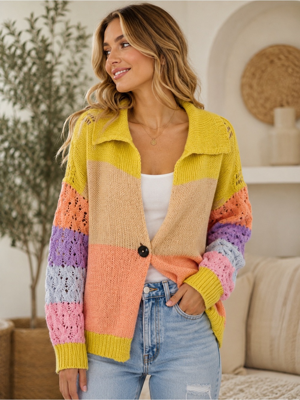 Storia Pastel Colorblock Knit Cardigan Sweater NWOT Boho Single Button Size S